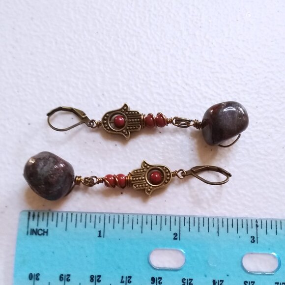 Hamsa Hand Dangle Earrings! Blessings & Protection! Huge Blood Red Stone Nuggets - Picture 11 of 11
